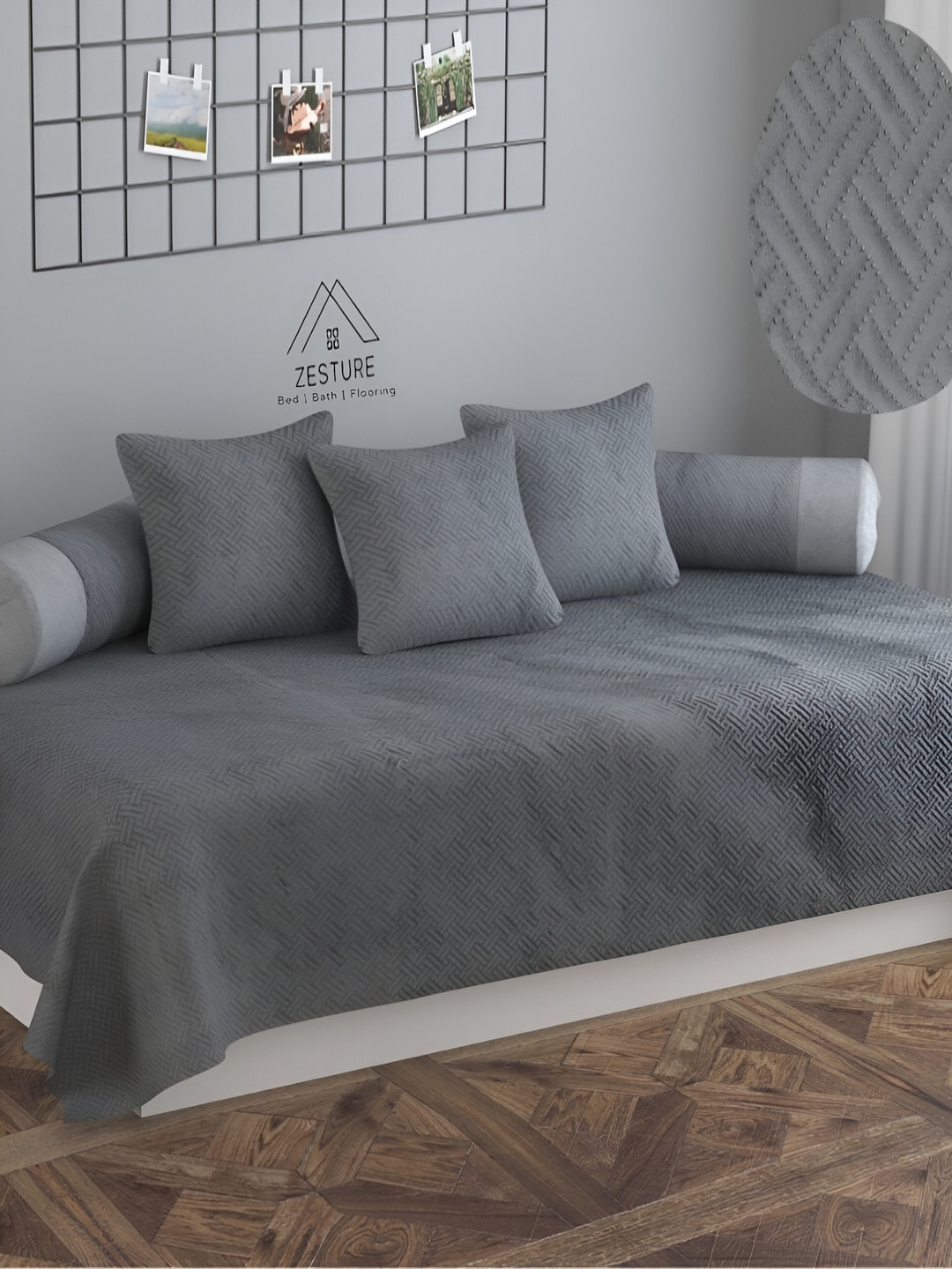 ZESTURE Grey 6 Pieces Self Design Single Diwan Set