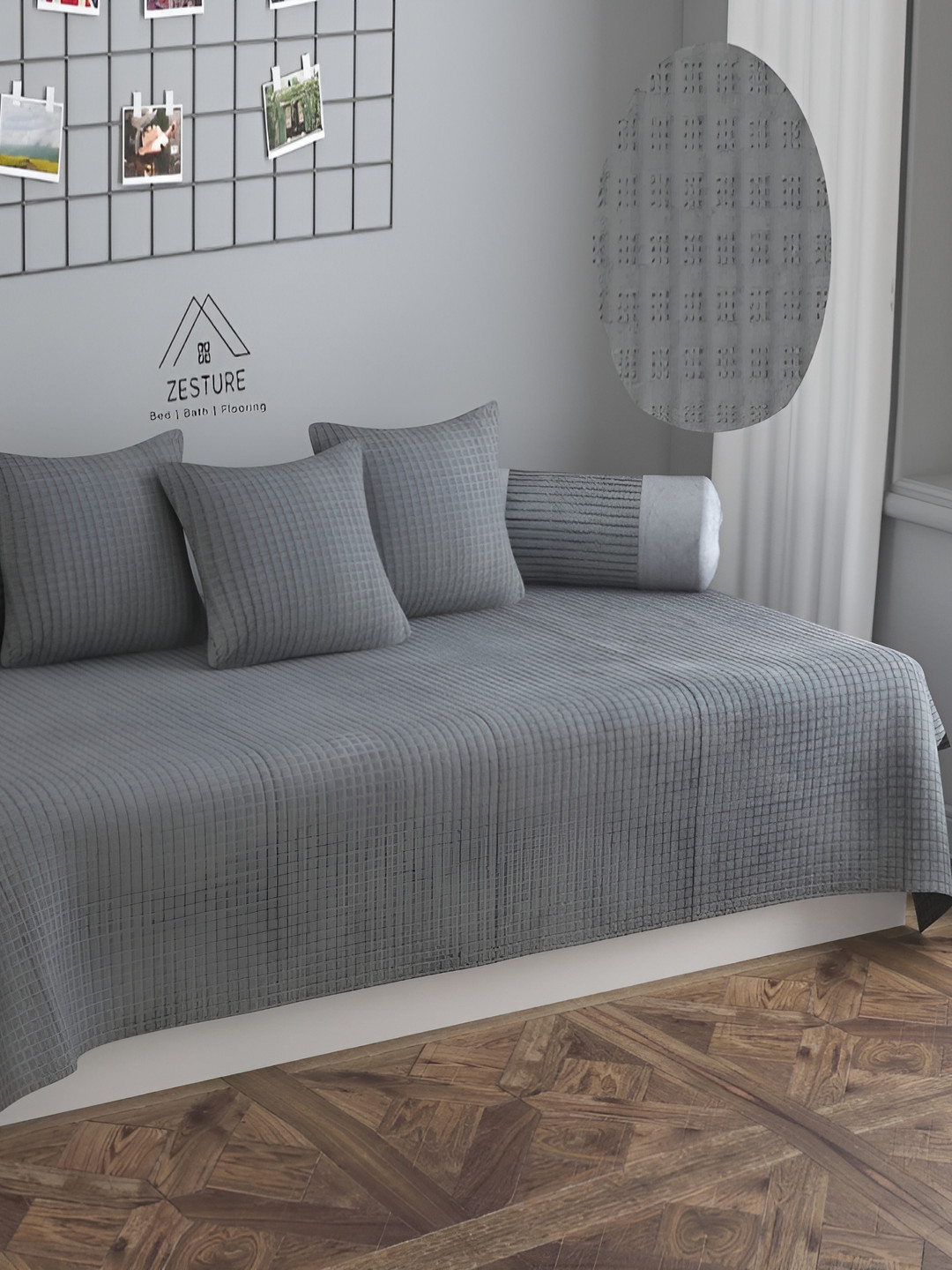 ZESTURE Grey 6 Pieces Self Design Diwan Set