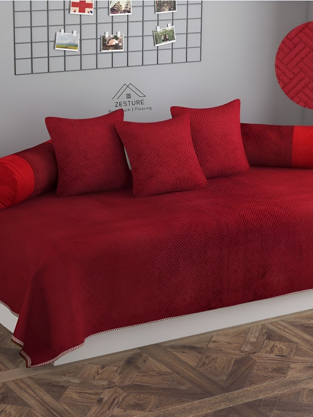 ZESTURE Maroon 6 Pieces Self Design Diwan Set
