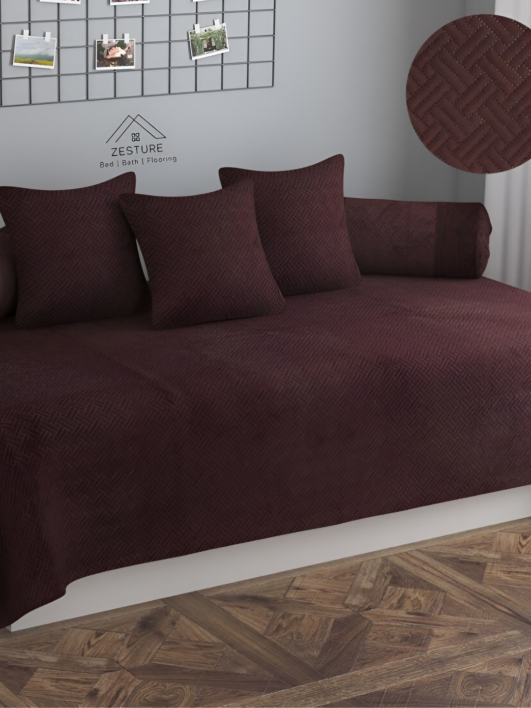 ZESTURE Coffee Brown 6 Pieces Self Design Diwan Set