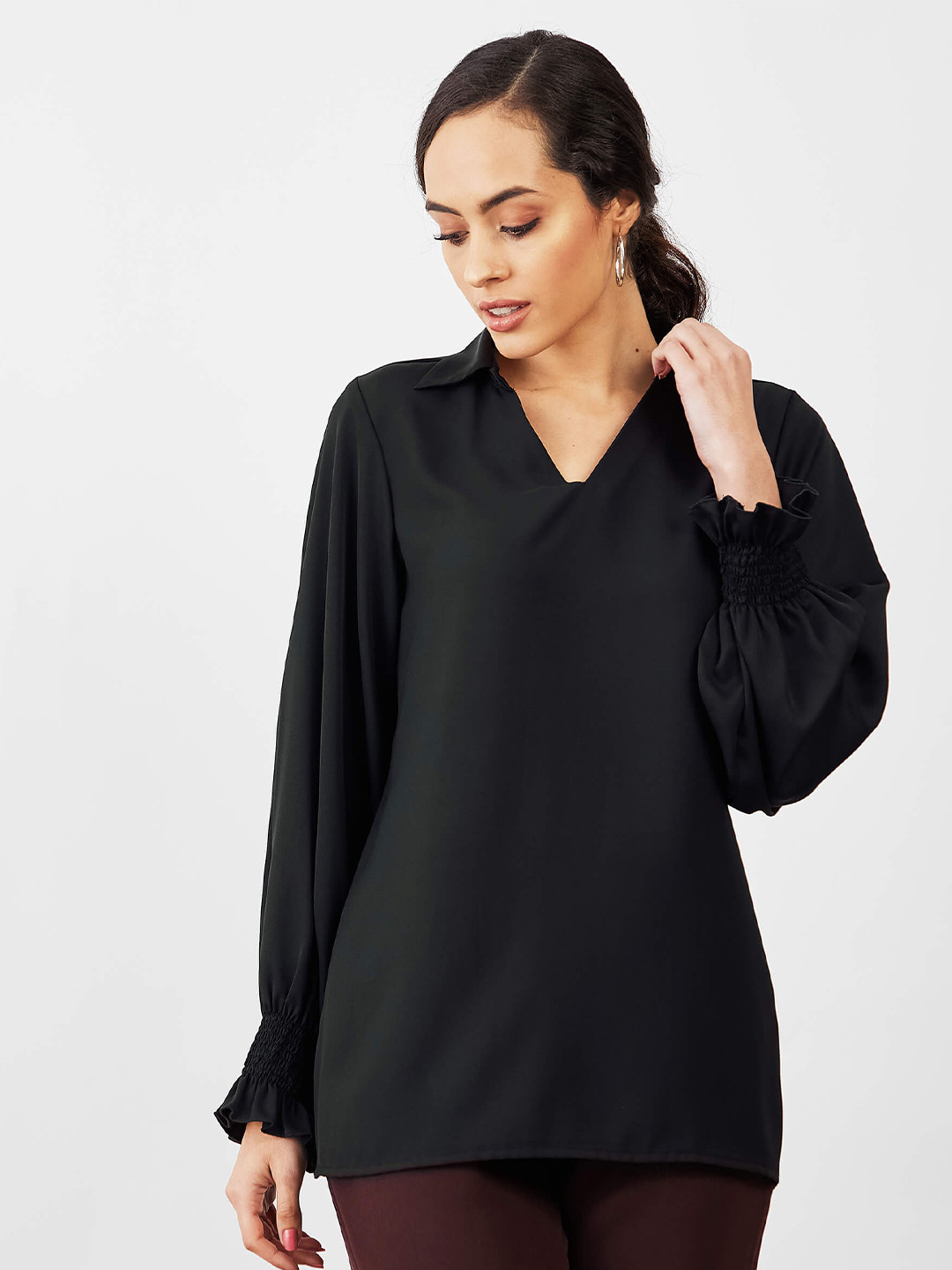 SALT ATTIRE V Neck Long Cuffed Sleeves Styled Back Top