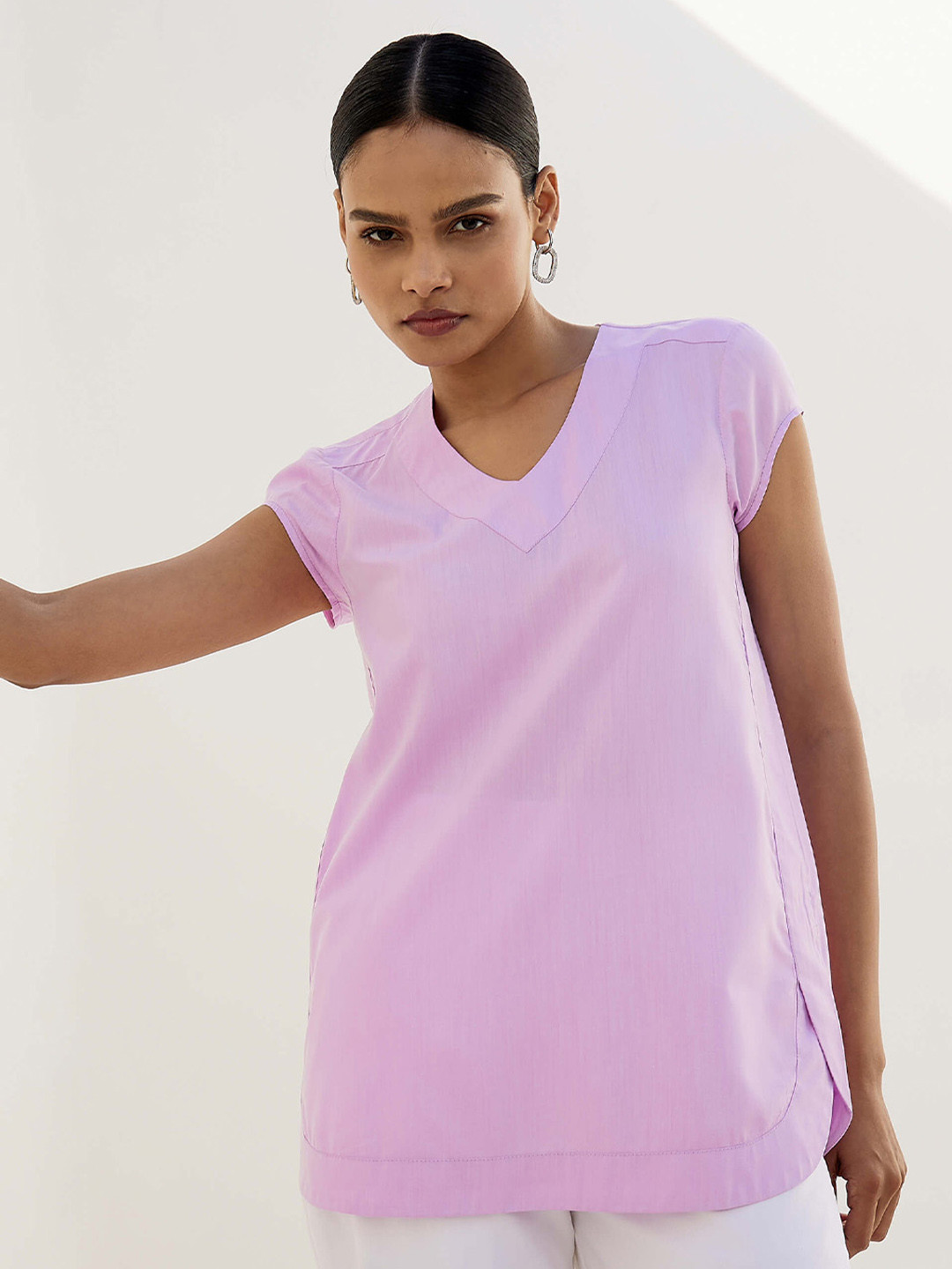 SALT ATTIRE V Neck Short Cap Sleeves Cotton Styled Back Top