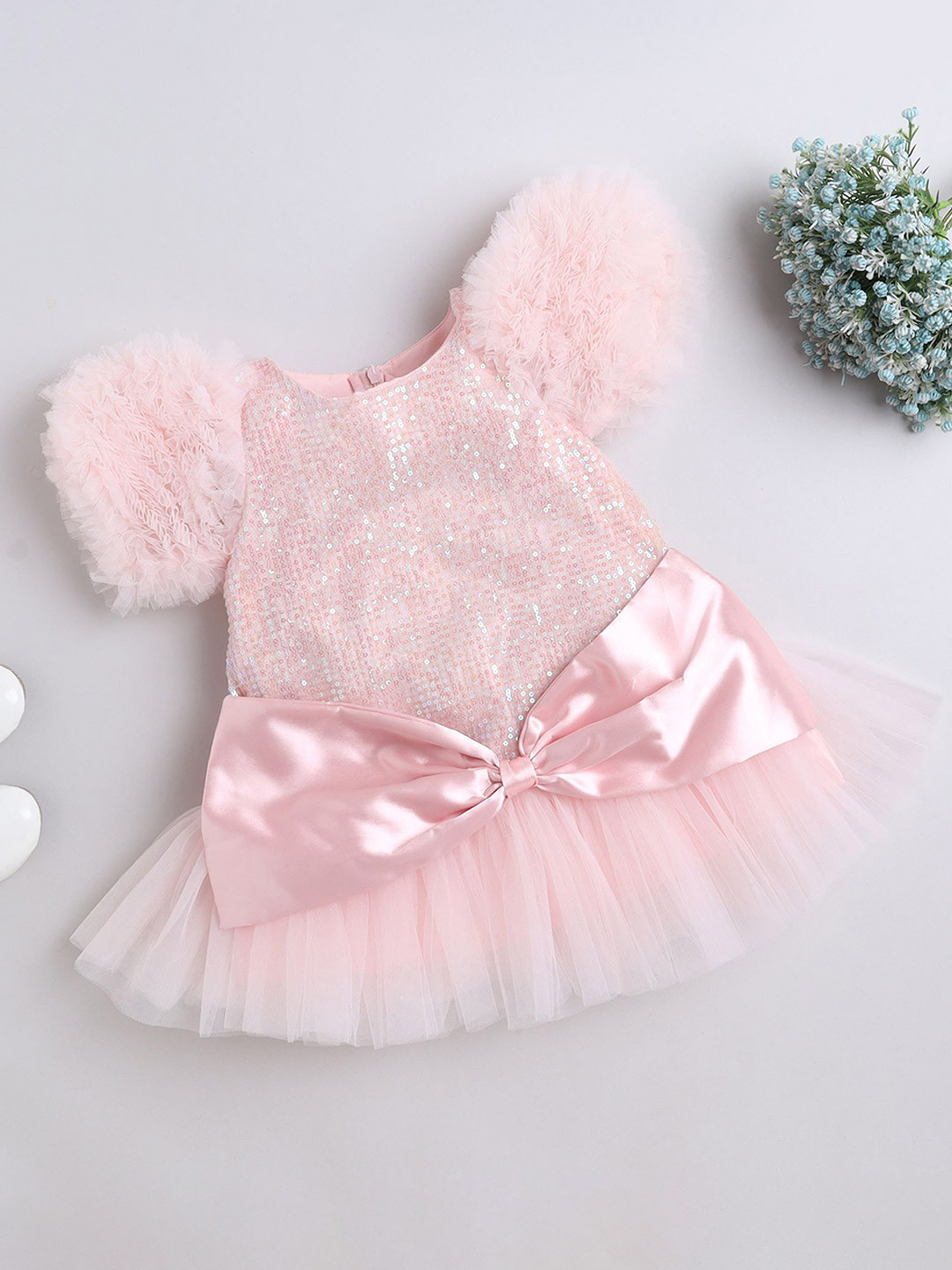 MANY FROCKS & Kids-Girls Round Neck Puff Sleeve Net Fit & Flare Dress