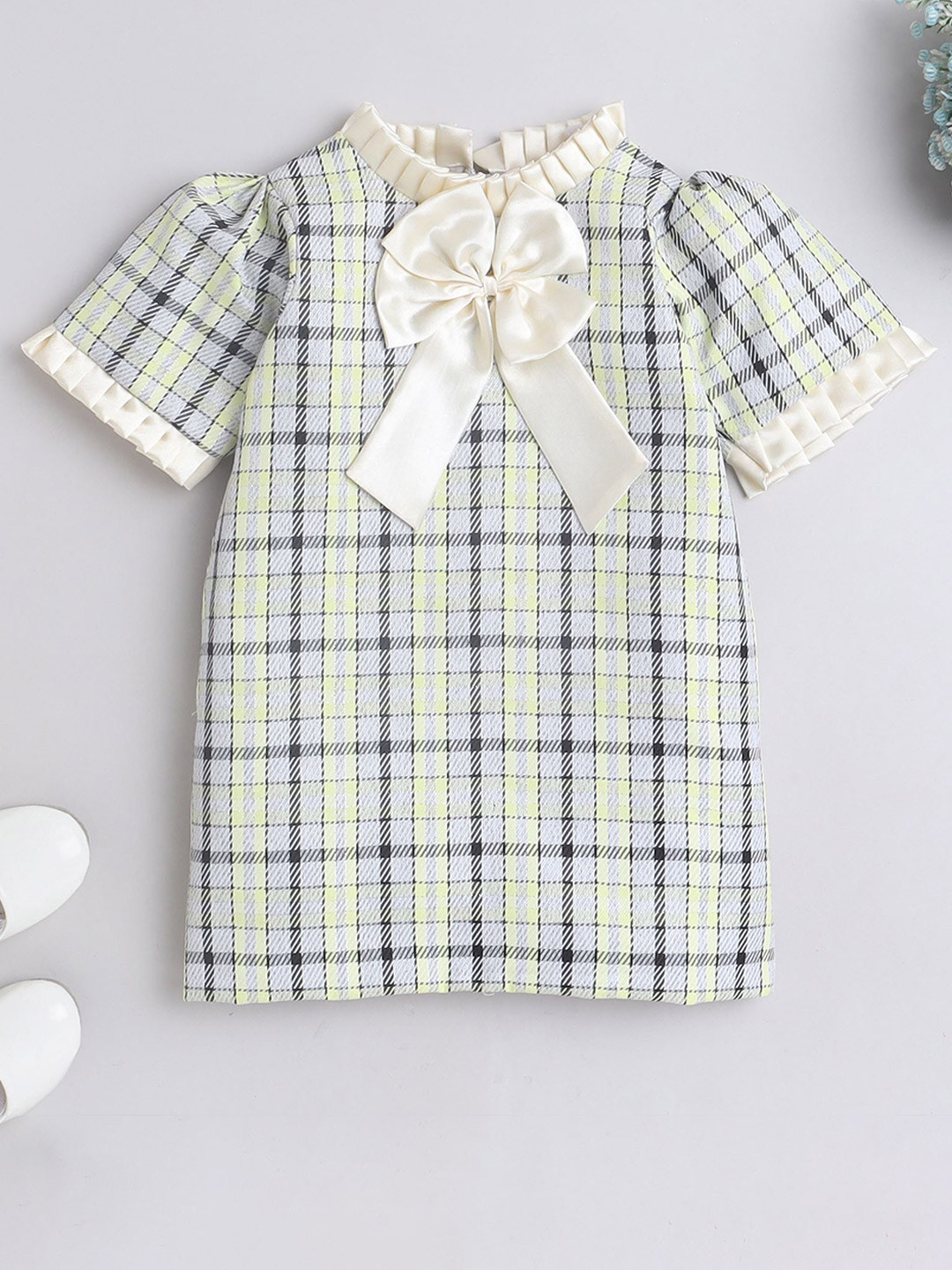 MANY FROCKS & Kids-Girls Checked Round Neck Satin A-Line Dress