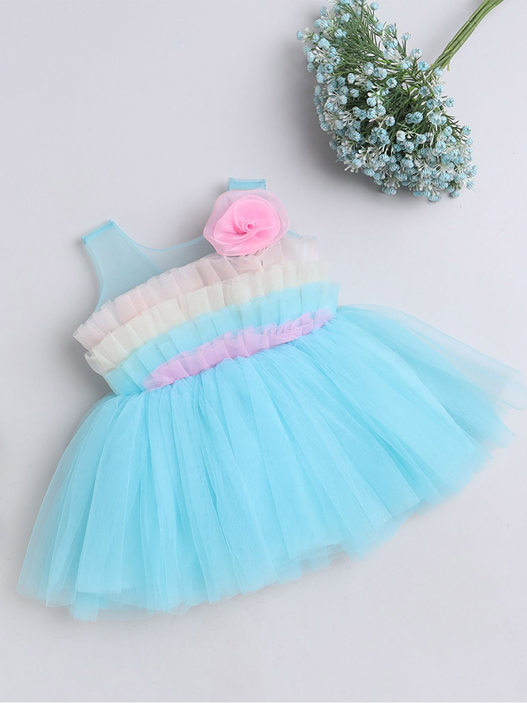 MANY FROCKS & Girls Sleeveless Net Fit & Flare Casual Dress