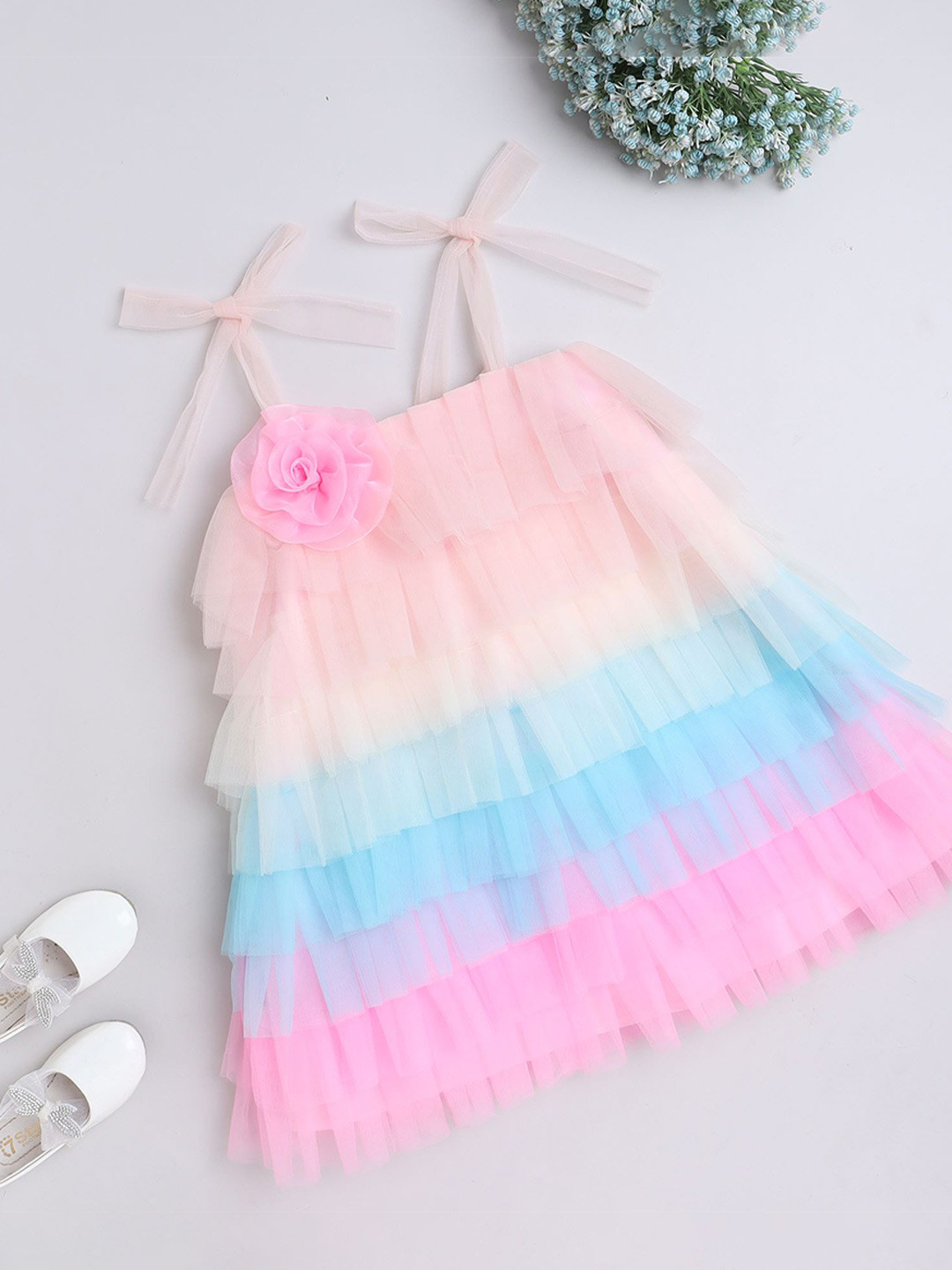 MANY FROCKS & Kids-Girls Colourblocked Shoulder Straps Net Fit & Flare Dress