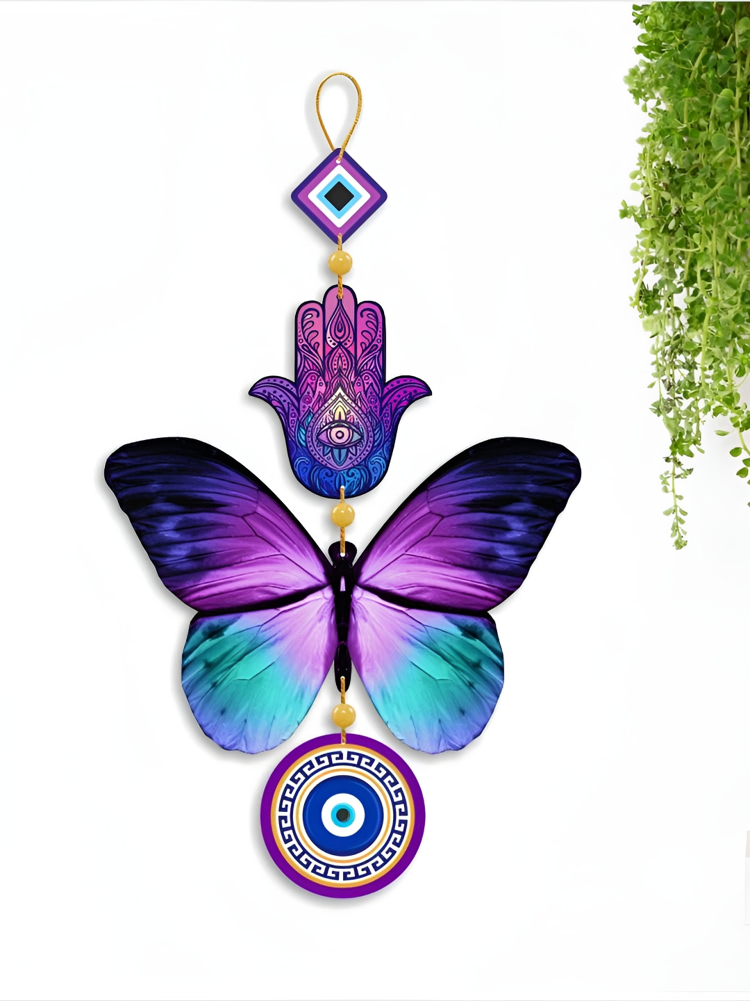 TECHEL Harmony Butterfly Evil Eye Glass Ethnic Motifs Glossy Hall Wall Hangings-14In