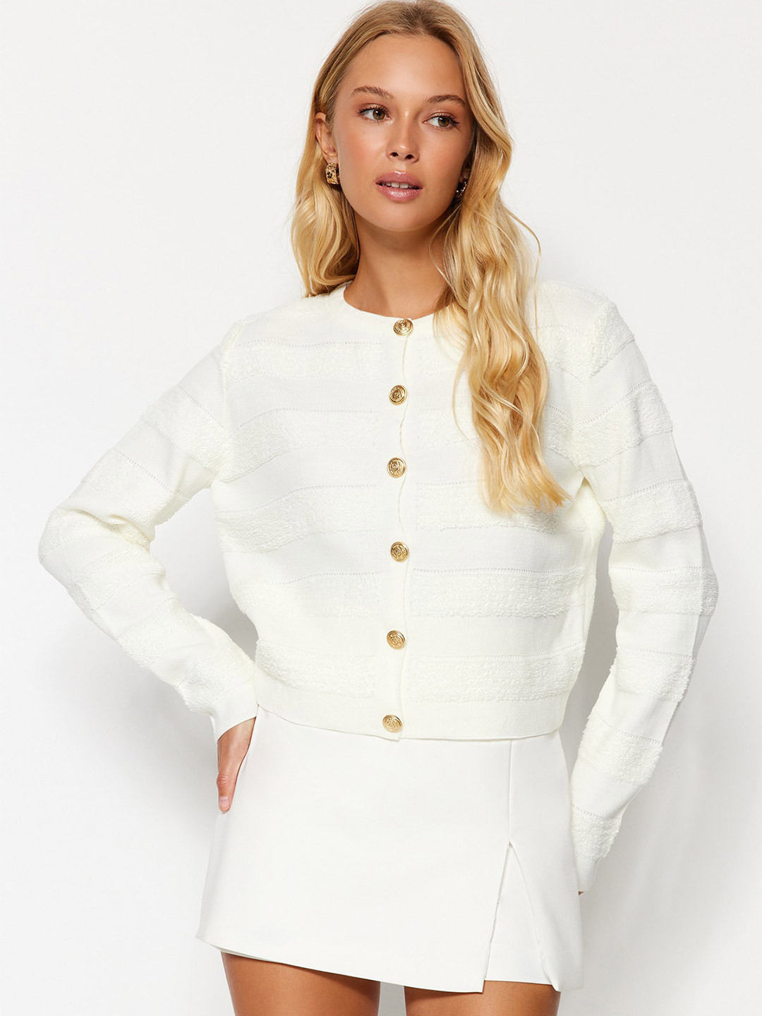 Trendyol Round Neck Long Sleeves Striped Cardigan