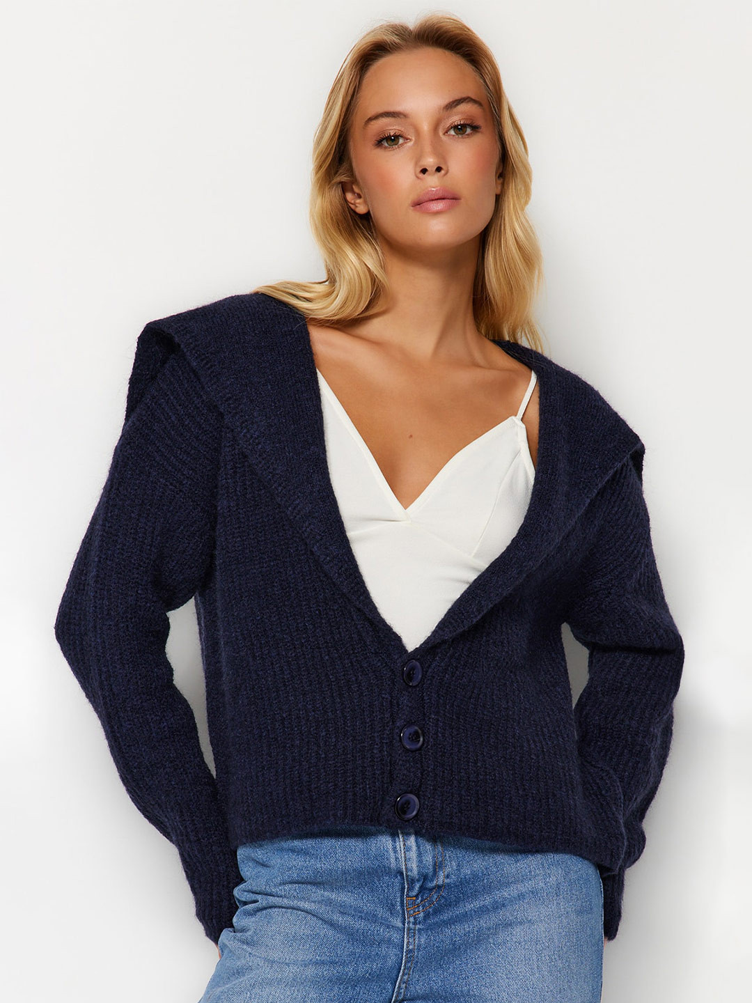 Trendyol Navy Blue Shawl Collar Cardigan Sweater