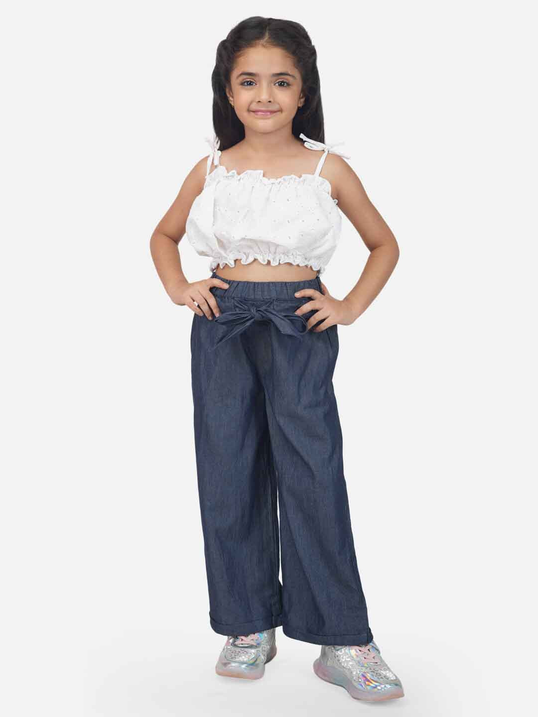 HERE&NOW Girls Schiffli Crop Top with Denim Palazzo