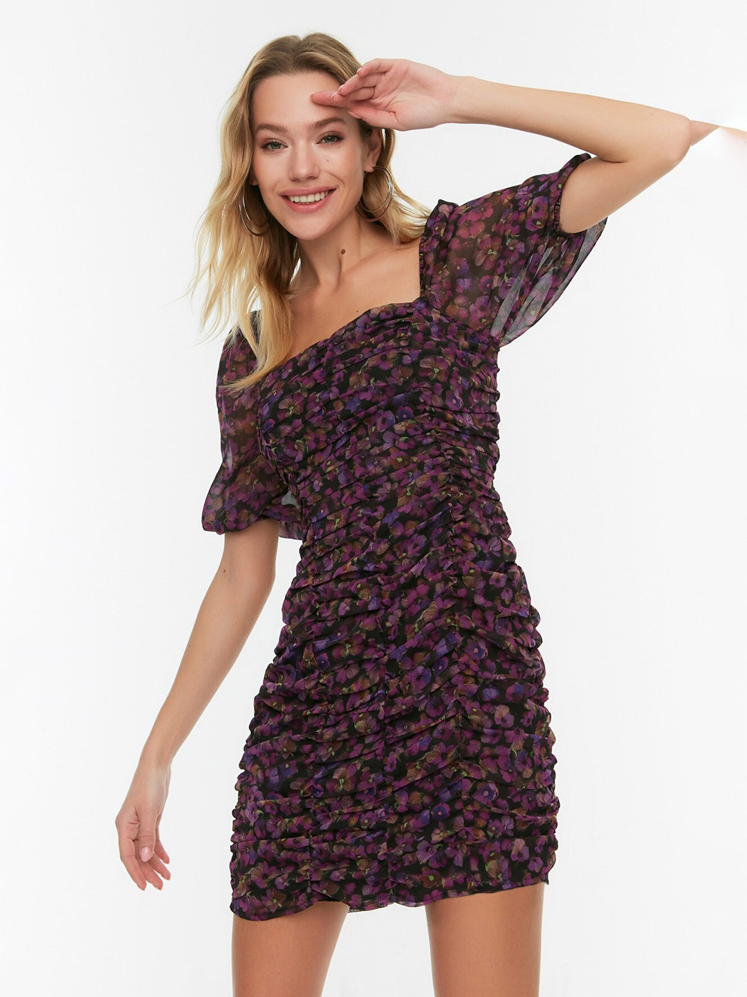 Trendyol Square neck Short Sleeves Floral Print A-Line Mini Dress