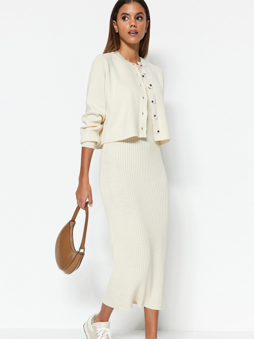 Trendyol Round Neck Long Sleeves Striped A-Line Midi Dress