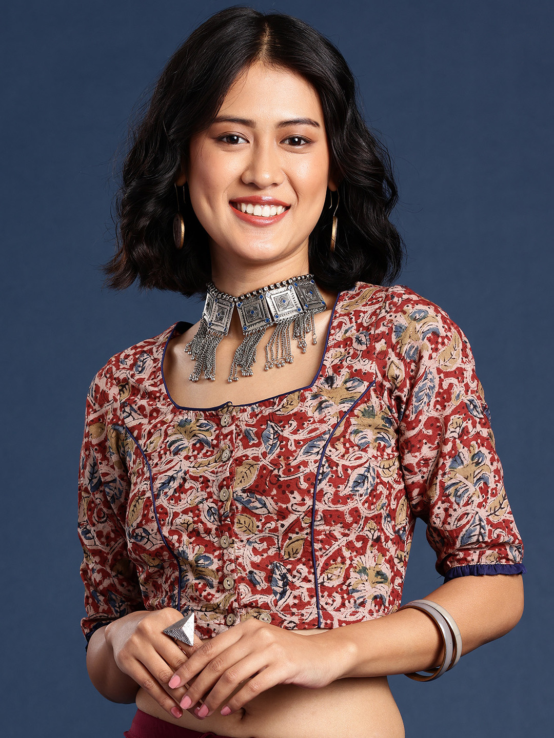 Taavi Kalamkari Printed Cotton Non Paded Saree Blouse