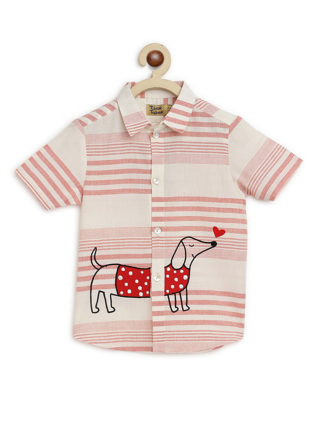 Tiber Taber Boys Dog Embroidered Horizontal Stripes Cotton Casual Shirt