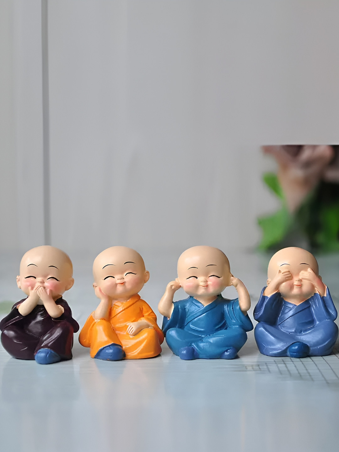 TECHEL Buddha Monk Blue Polyresin Matte Living Room Set of 4 Tiny Showpieces - 1.2 Inches