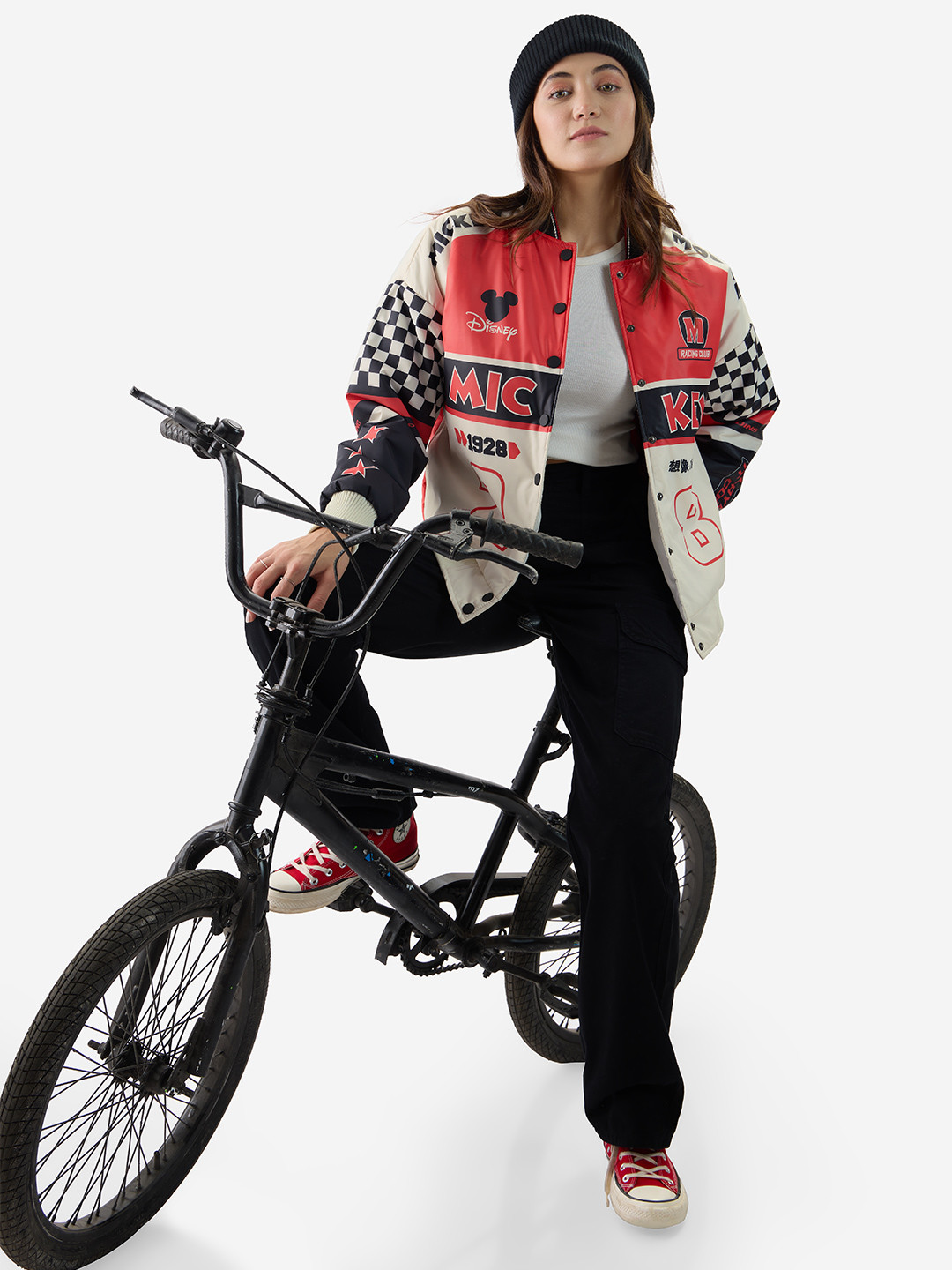 The Souled Store White Lightweight Mickey Mouse Printed Varsity Jacket