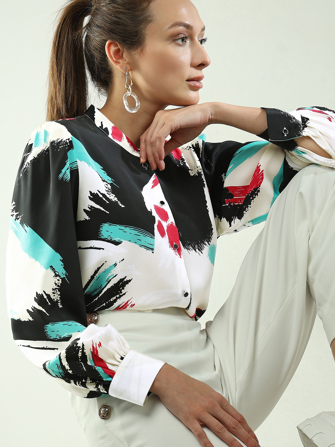 Vero Moda Printed Band Collar Long Cuff Sleeves Formal Shirt