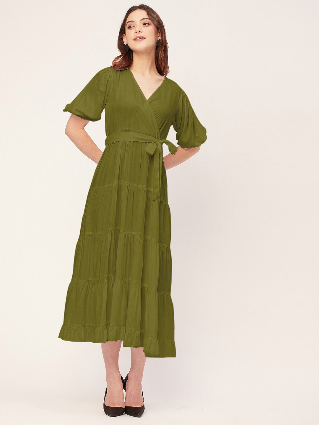 Moomaya Flared Sleeve V Neck Short Puff Sleeves Fit & Flare Midi Tiered Dress