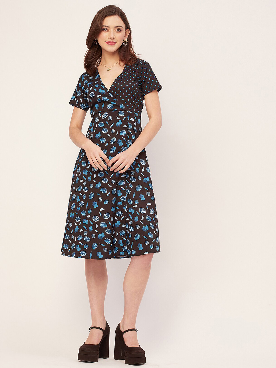 Moomaya Floral Print Short Sleeves A Line Dress