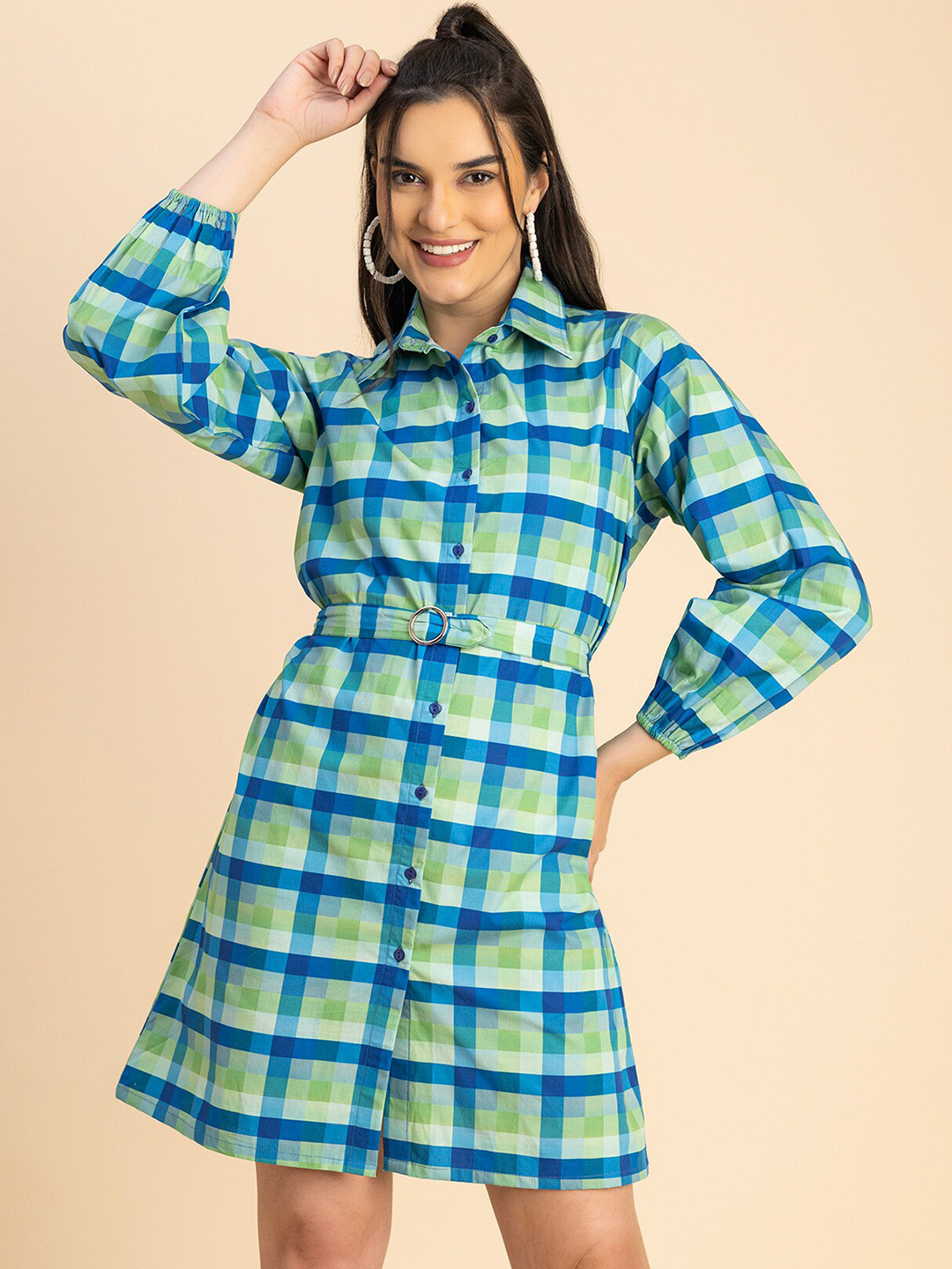 Moomaya Checked Printed Long Sleeves Spread Collar A-Line Cotton Shirt Dress
