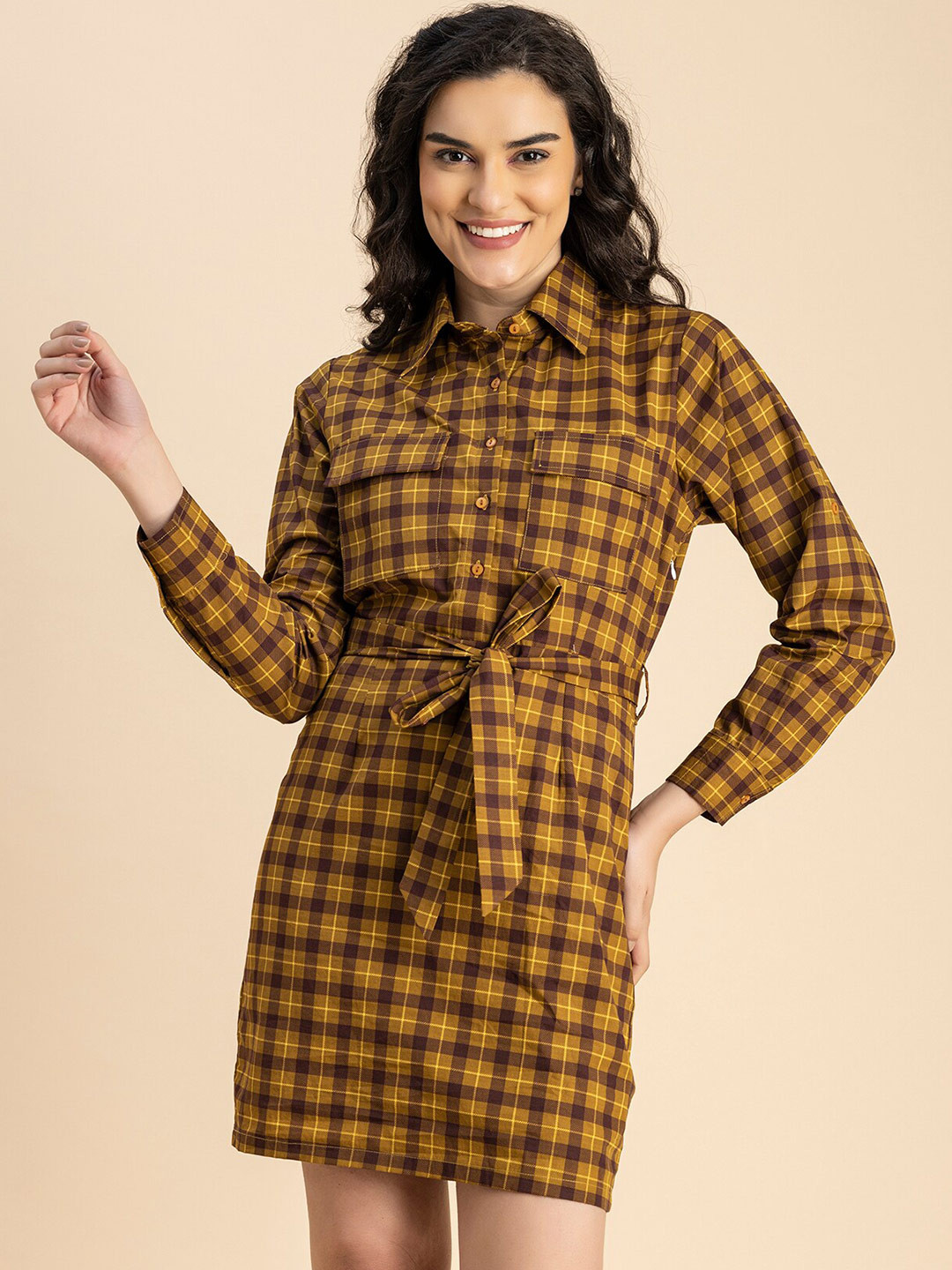 Moomaya Checked Spread Collar Long Sleeves Shirt Dress