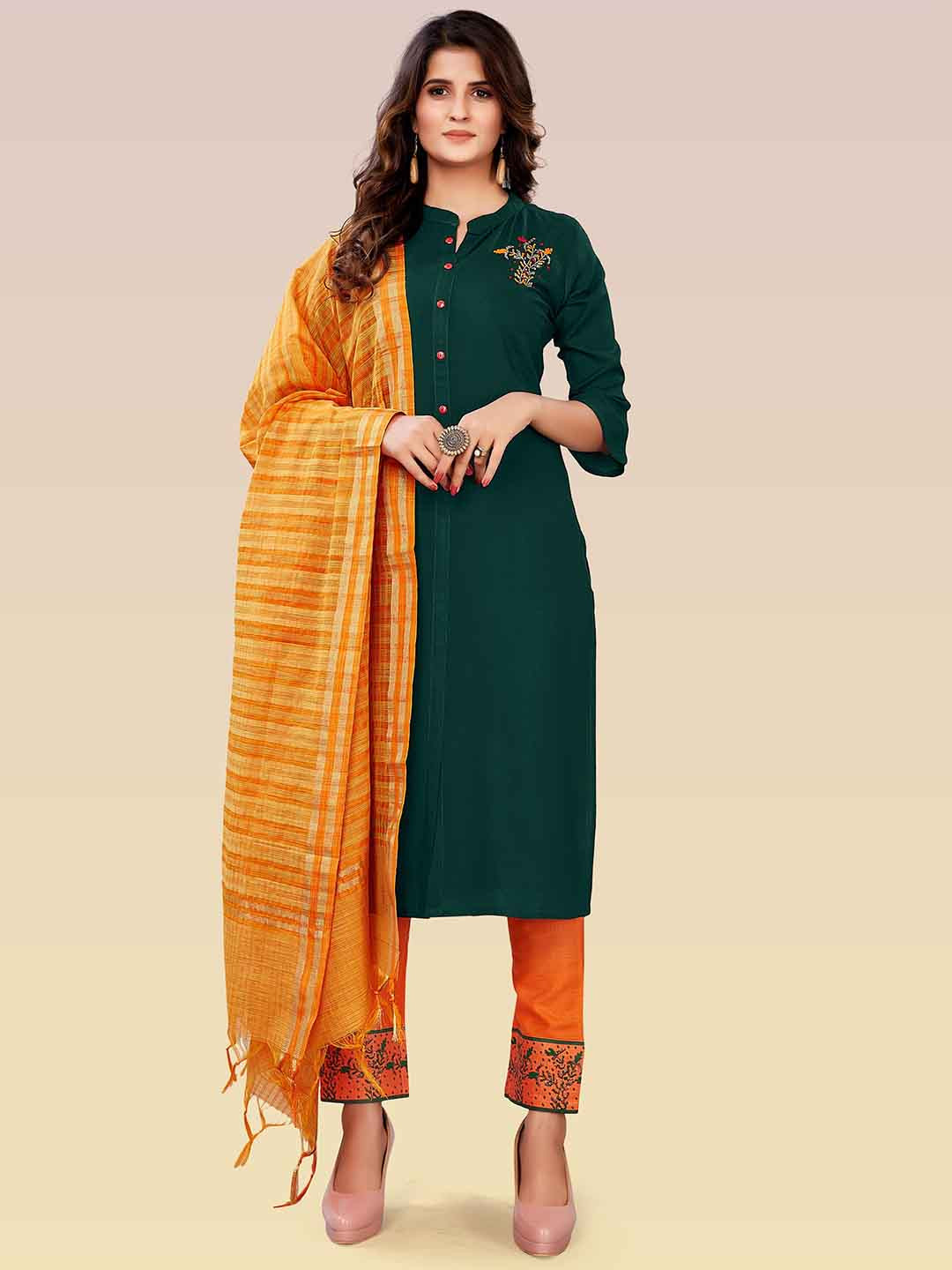 Archittam Ethnic Motifs Embroidered Regular Straight Kurta With Trousers & Dupatta