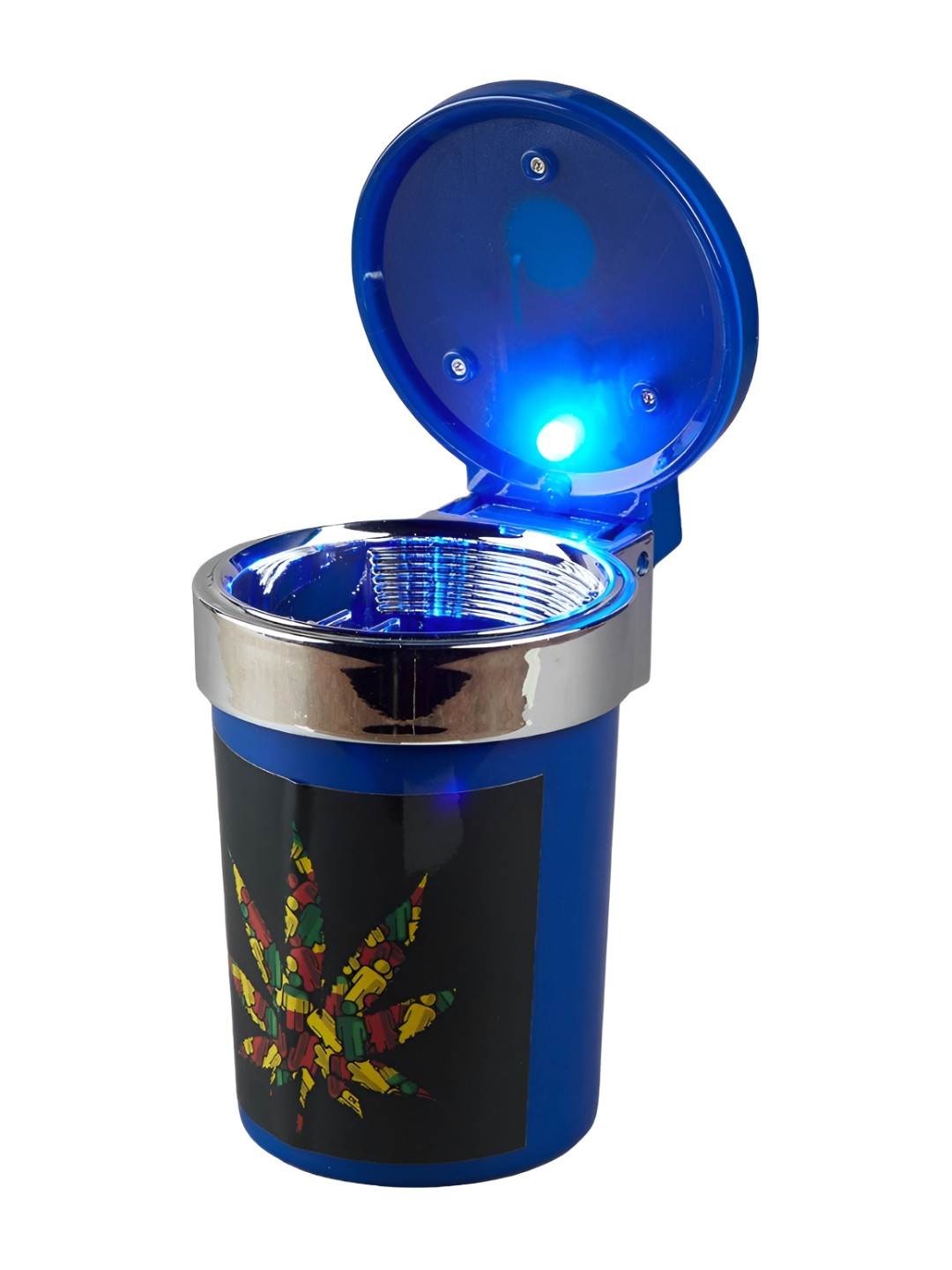 Kookee Blue & Black Printed Tin Car Ash Trays Bucket With Lid & LED Light Smokers