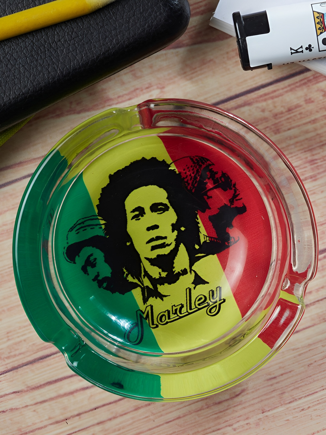 Kookee Green & Yellow Round Shaped Glass Ash Tray