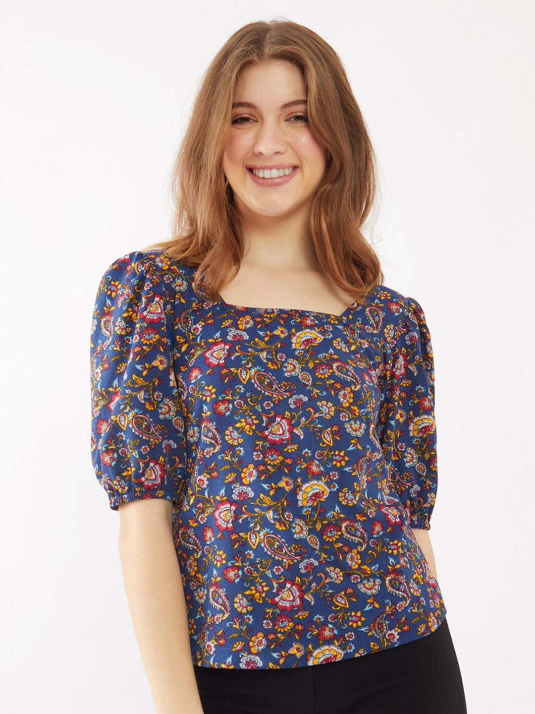 Zink London Floral Printed Square Neck Short Puff Sleeves Regular Top