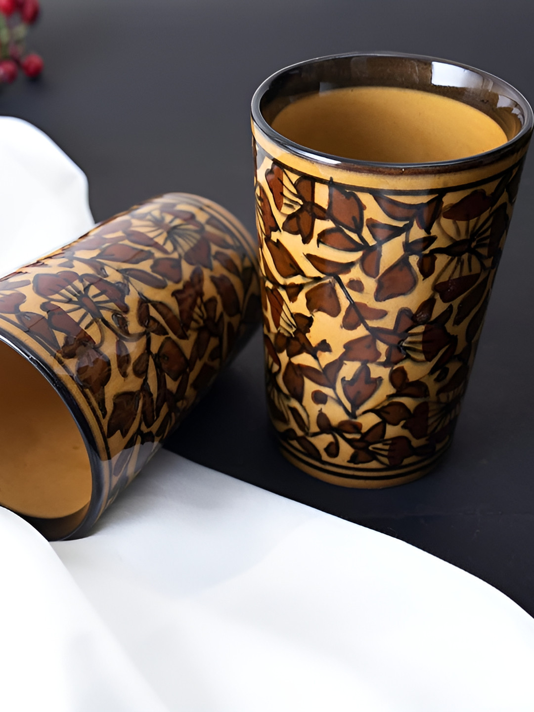 caffeine Brown & Mustard 2 Pieces Printed Ceramic Water Glasses 300ml