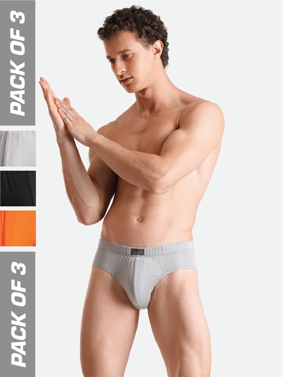 FCUK Men Pack Of 3 Antimicrobial Cotton Basic Briefs-PRE-03-ULGRY-SCIB-JTBLK