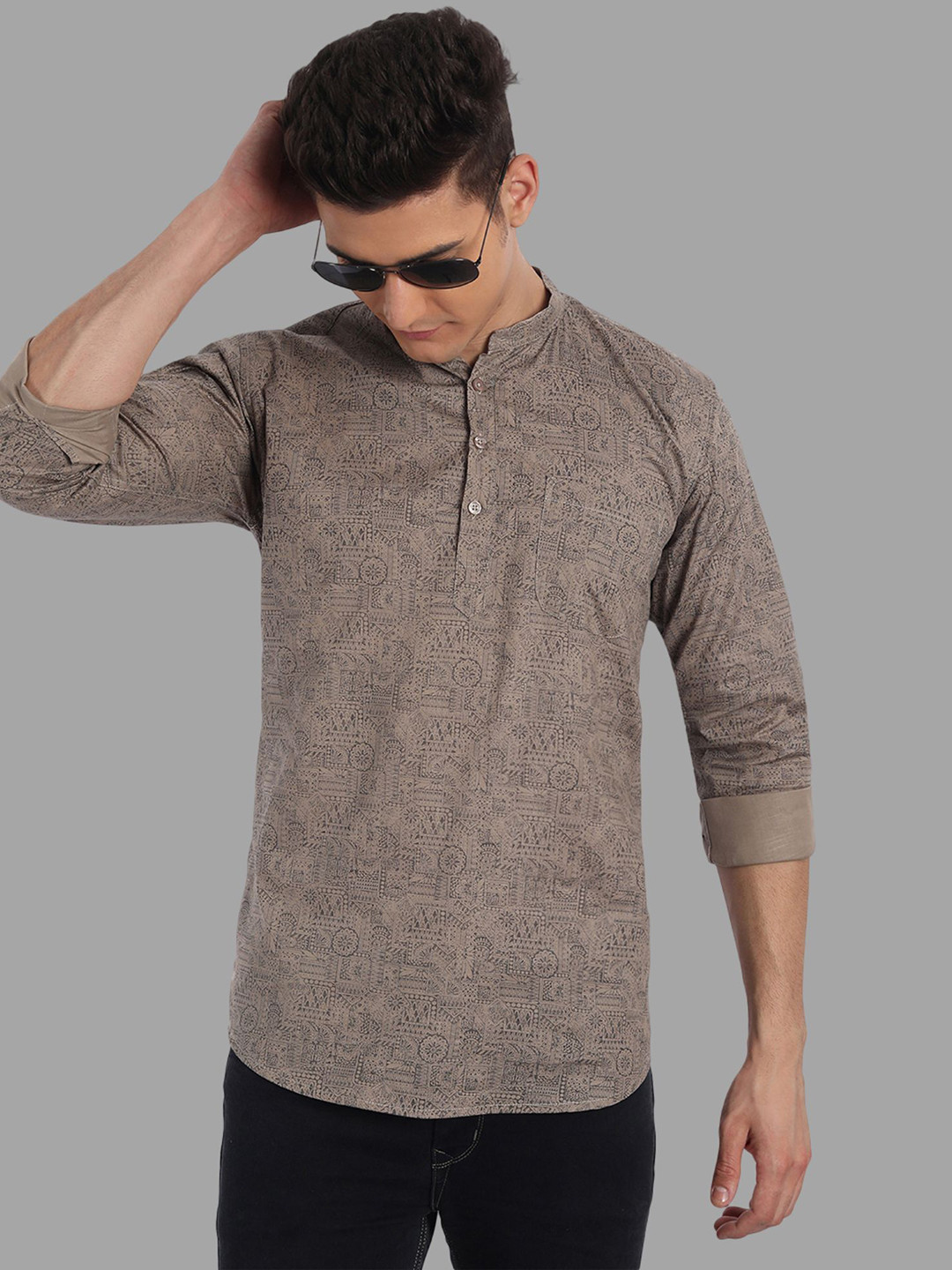 Majestic Man Mandarin Collar Striped Cotton Thread Work Kurta