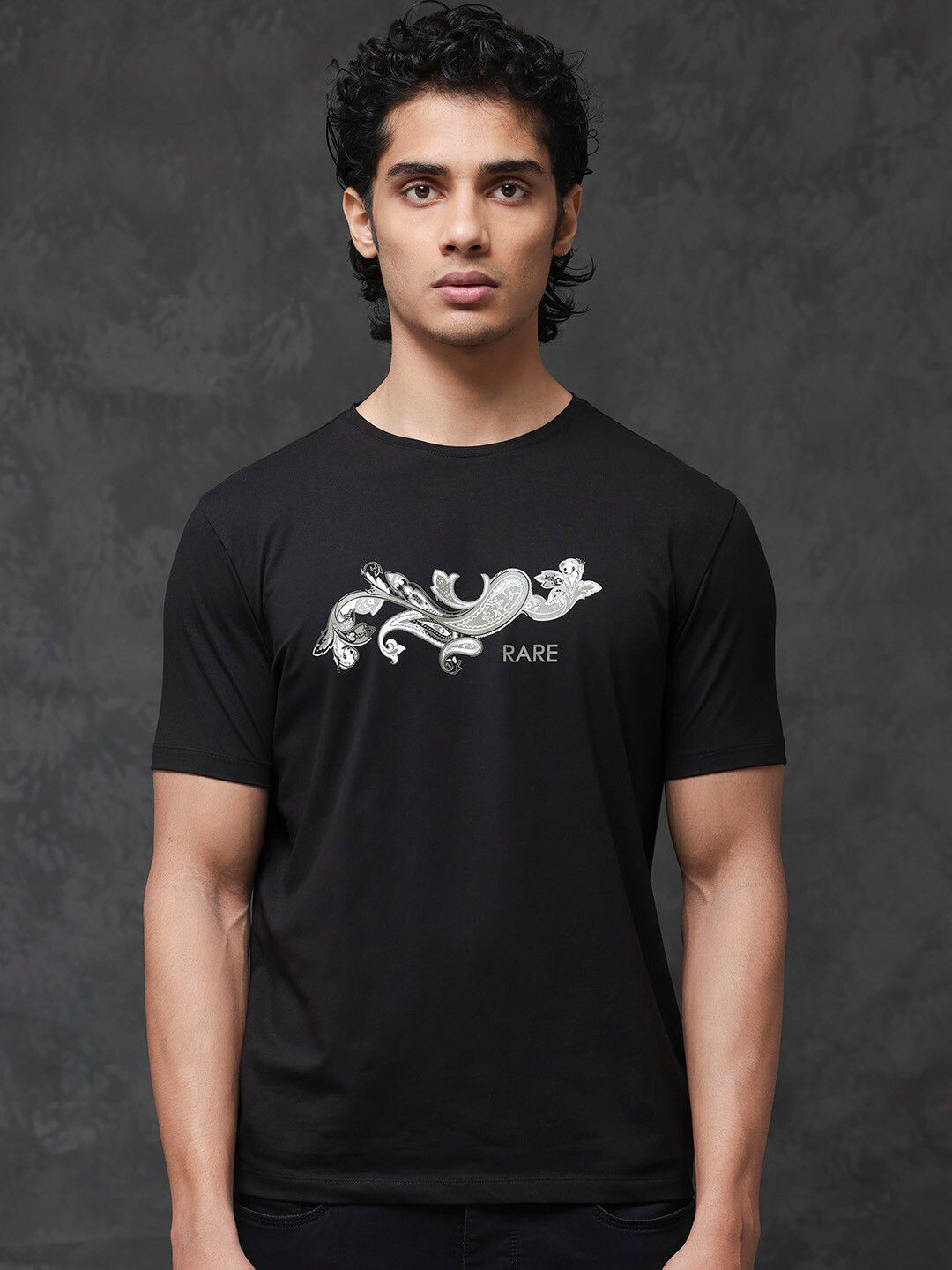 RARE RABBIT Men Friter Graphic Printed Round Neck Cotton Slim Fit T-Shirt