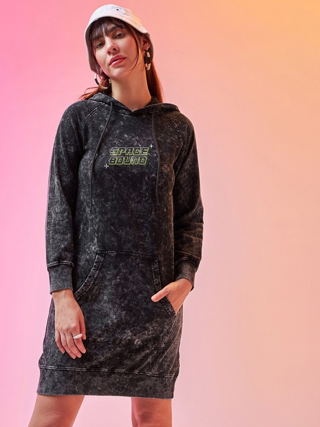 Bewakoof Women's Black Space Bound Graphic Printed Acid Wash Hoodie Dress