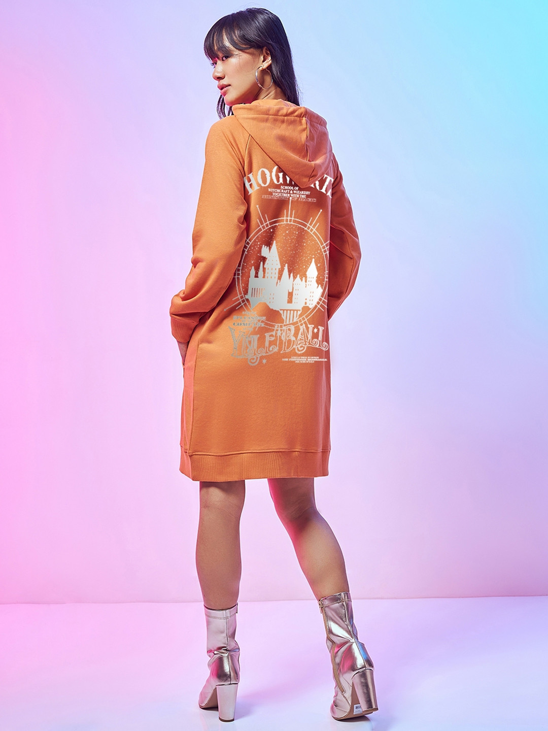 Bewakoof Printed Round Neck Long Sleeves Sheath Cotton Hoodie Dress