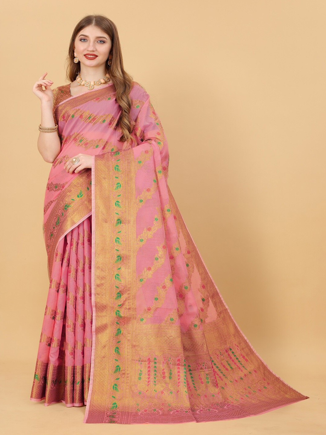 faxofab Pink & GoldToned Ethnic Woven Design Zari Silk Cotton Banarasi Saree