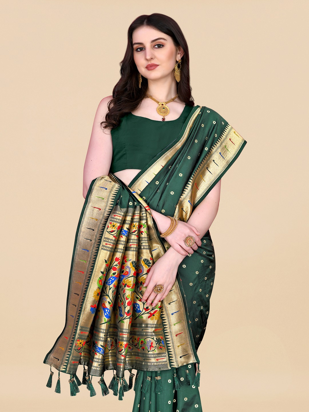faxofab Green & GoldToned Ethnic Woven Design Zari Silk Banarasi Saree