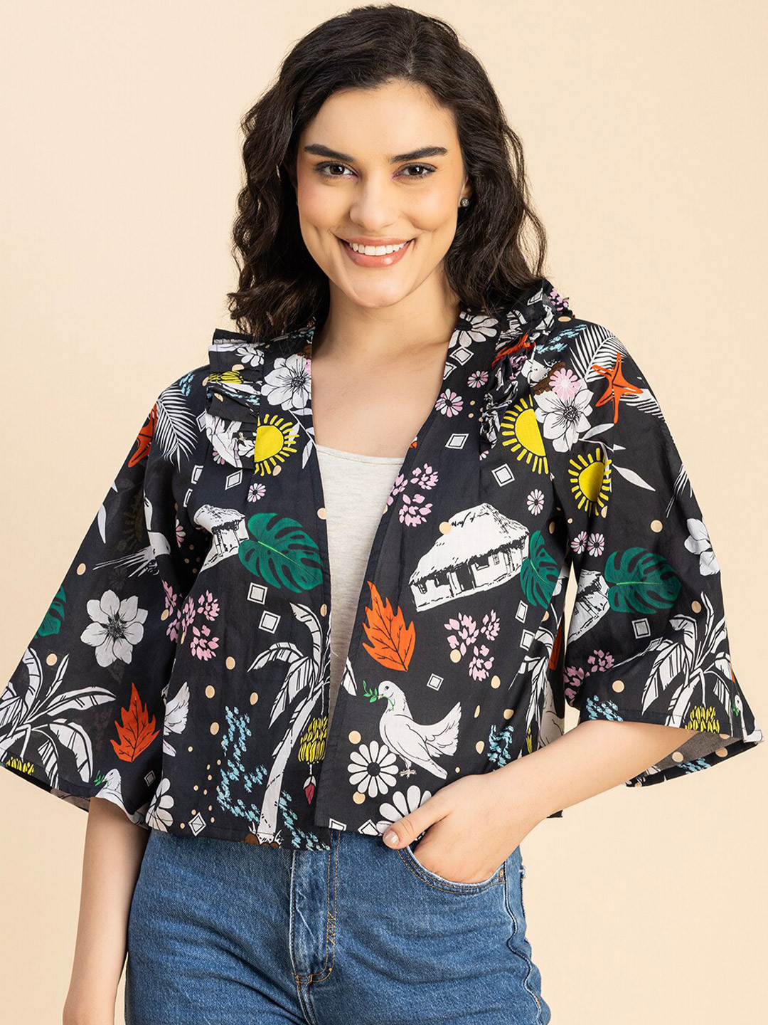 Moomaya Conversational Printed Crop Cotton Open Front Shrug