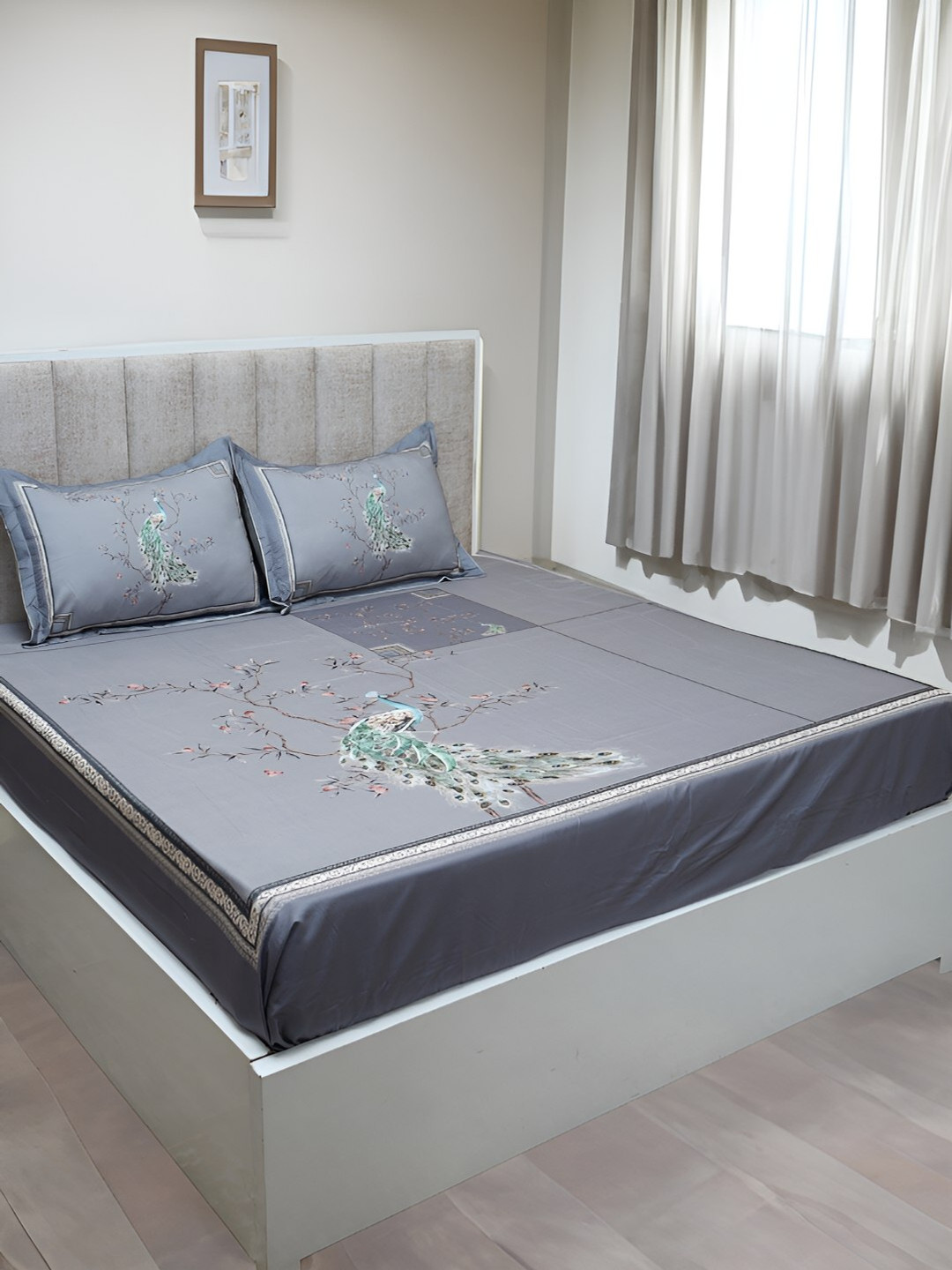 GAPU & BALY Wonderful Grey Graphic Polycotton 120 TC King Bedsheet with 2 Pillow Covers-98 x 108 inches