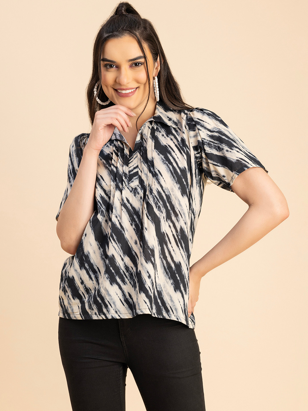 Moomaya Tie and Dye Printed Shirt collar Pin Tucks Cotton Top