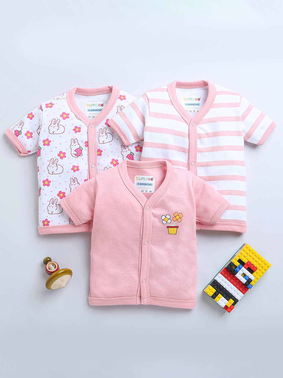 BUMZEE Infant Girls Pack Of 3 Printed Pure Cotton Jablas-Peb9007