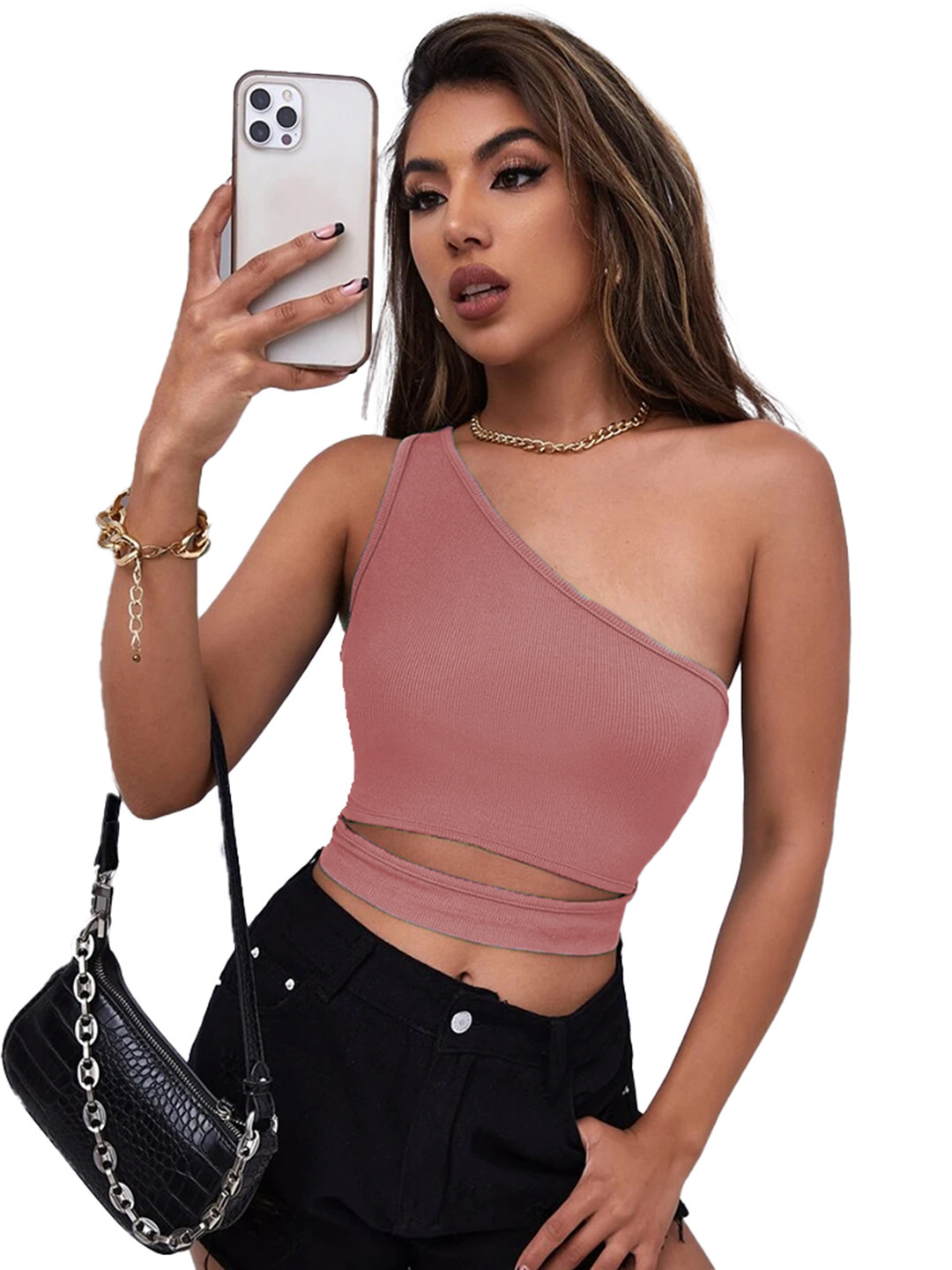 BAESD One Shoulder Opaque Cut Sleeves Crop Top