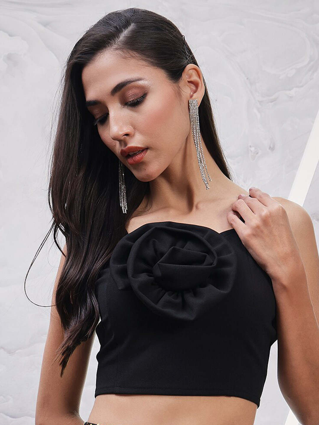 Athena Black Square Neck Shoulder Straps Scuba Crop Top