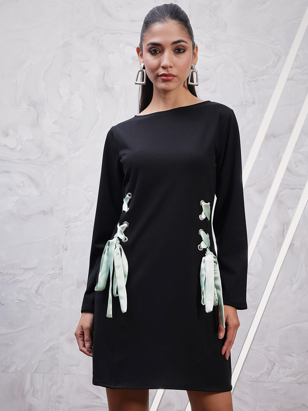 Athena Boat Neck Slit Sleeve Tie-Ups A-Line Dress
