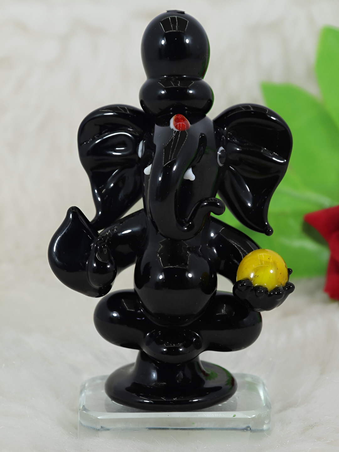 NMII Ganesh Ji with Laddu Black Glass Glossy Prayer Room Tiny Showpiece - 3.5 Inches