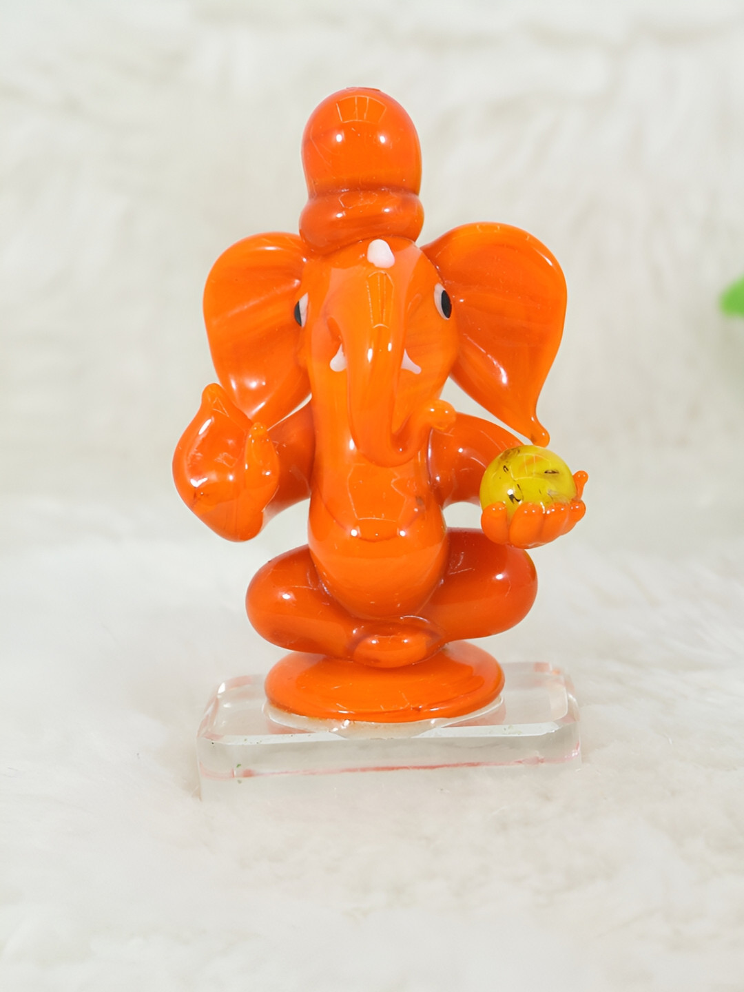 NMII Ganesh Ji with Laddu Orange Glass Natural Living Room Medium Showpiece - 3.5 Inches