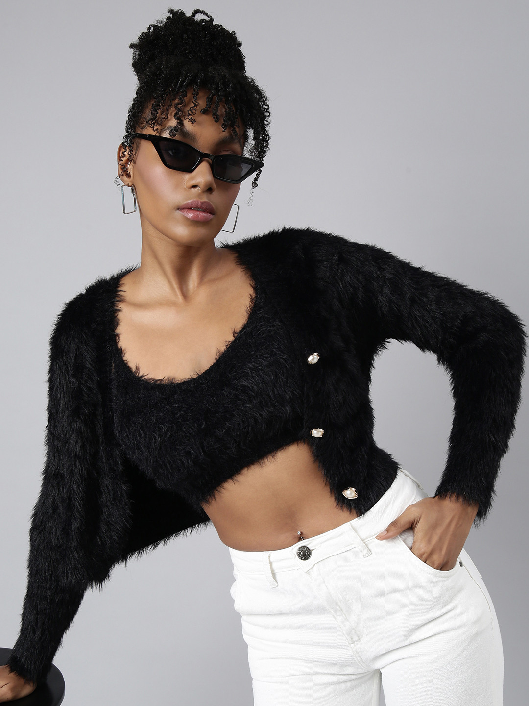 SHOWOFF Long Sleeves V-Neck Crop Cardigan with Fuzzy Sweater