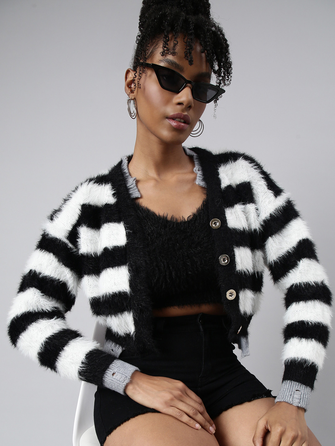SHOWOFF Long Sleeves V Line Striped Regular Cardigan with Fuzzy Sweater
