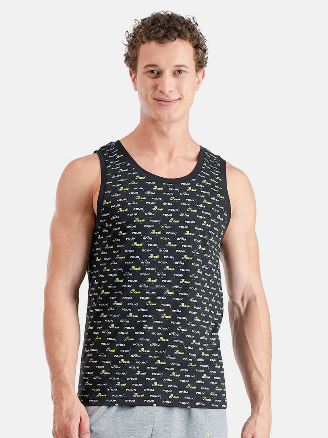 FCUK Printed Pure Cotton Antimicrobial Tank Vests HAC-01-BLK AOP-2