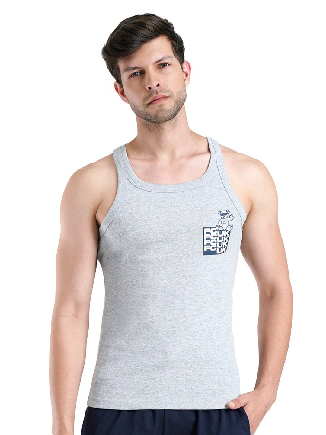 FCUK Pure Cotton Antimicrobial Tank Vests CRO-01-GRY ML